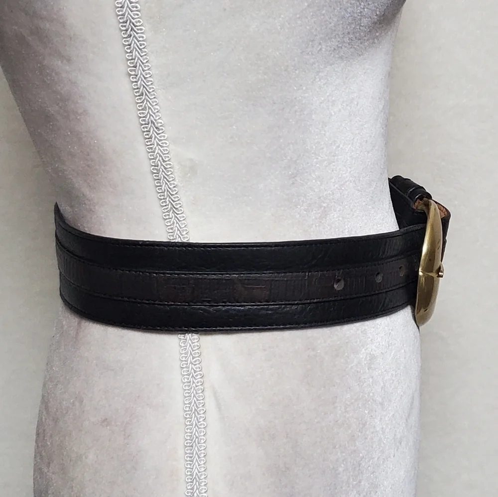 70s Vintage Land Black Copper Aztec Leather Brass Buckle Boho Statement Belt S